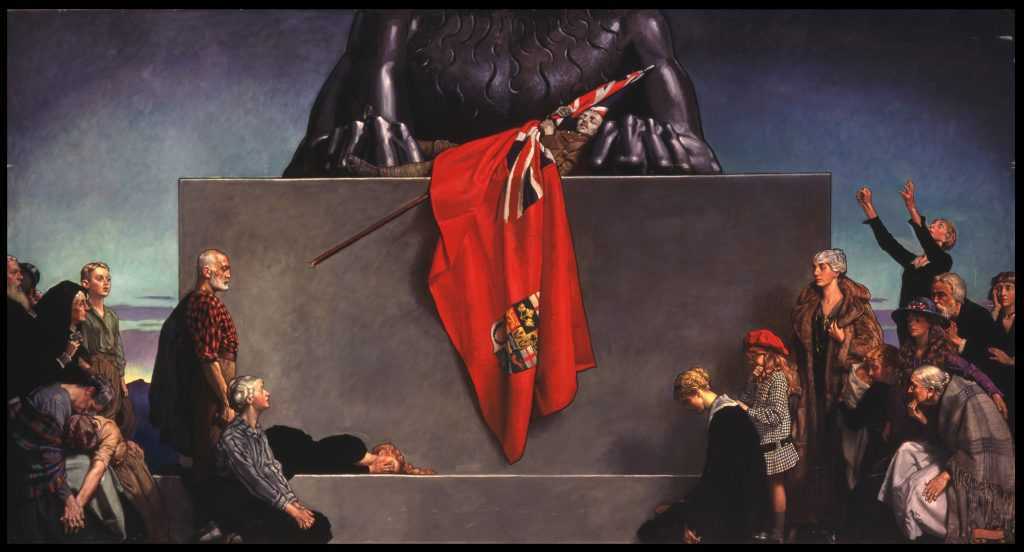 Colour painting. The base of large lion statue. A dead soldier lies in between his paws, clutching a flag. Various others look on in grief.